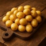 Patate novelle intere, disposte su tagliere in legno