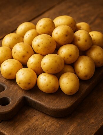 Patate novelle intere, disposte su tagliere in legno