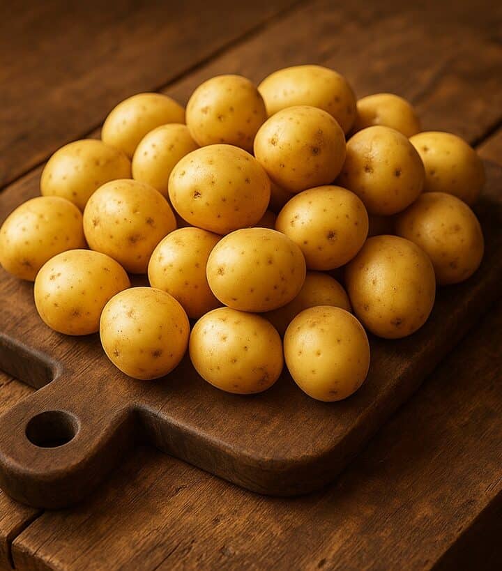 Patate novelle intere, disposte su tagliere in legno