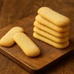 Biscotti Pavesini dorati, impilati su un tagliere in legno