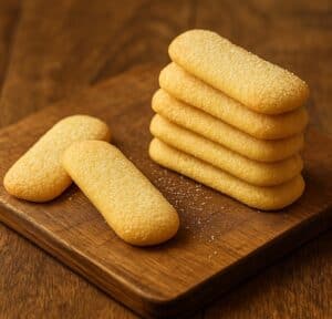 Biscotti Pavesini dorati, impilati su un tagliere in legno