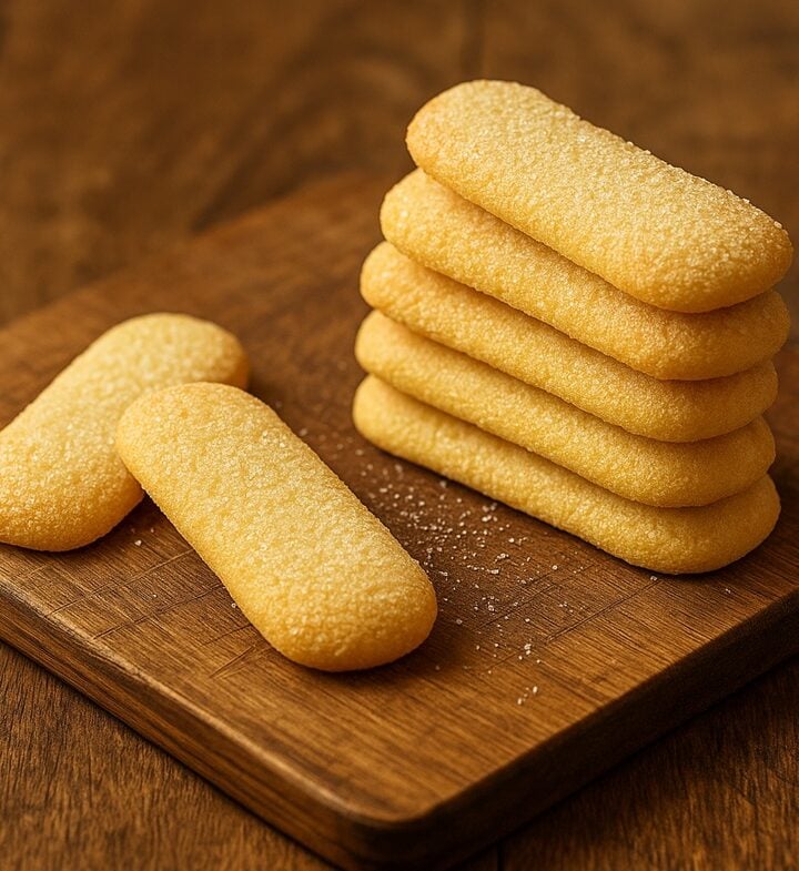 Biscotti Pavesini dorati, impilati su un tagliere in legno