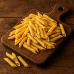 Penne crude su tagliere rustico di legno