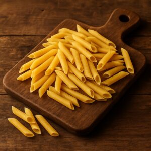Penne crude su tagliere rustico di legno