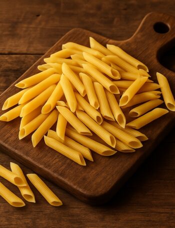 Penne crude su tagliere rustico di legno
