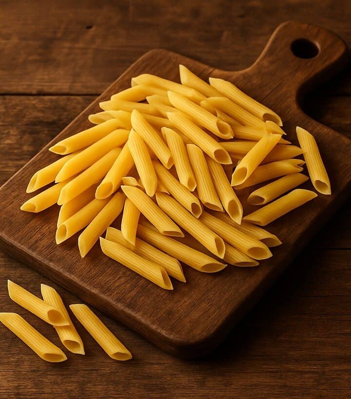 Penne crude su tagliere rustico di legno