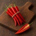 Peperoncino con peperoncini freschi rossi con uno tagliato su tagliere in legno