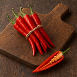 Peperoncino con peperoncini freschi rossi con uno tagliato su tagliere in legno