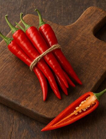 Peperoncino con peperoncini freschi rossi con uno tagliato su tagliere in legno