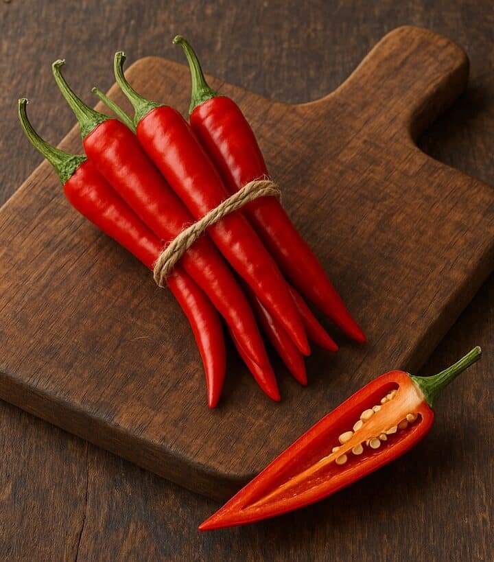 Peperoncino con peperoncini freschi rossi con uno tagliato su tagliere in legno