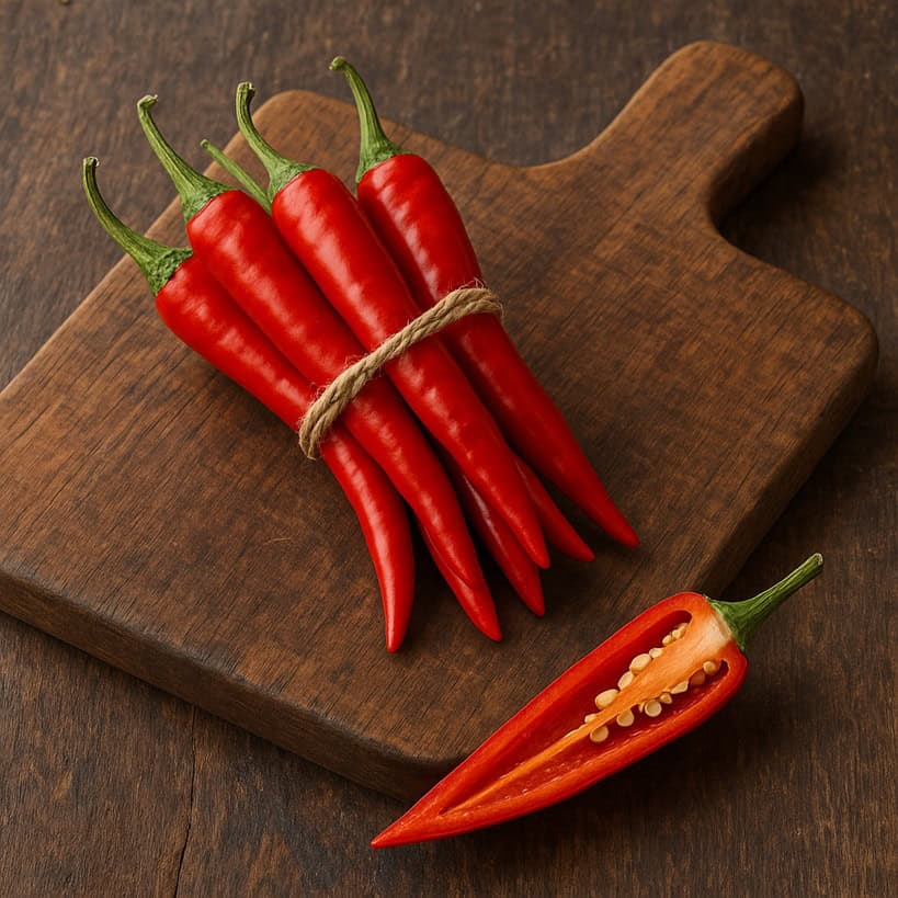 Peperoncino con peperoncini freschi rossi con uno tagliato su tagliere in legno