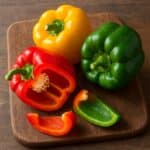 Peperoni di tre colori su tagliere rustico in legno, con spicchi tagliati