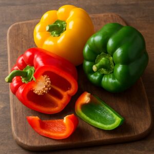 Peperoni di tre colori su tagliere rustico in legno, con spicchi tagliati