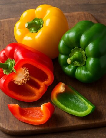 Peperoni di tre colori su tagliere rustico in legno, con spicchi tagliati