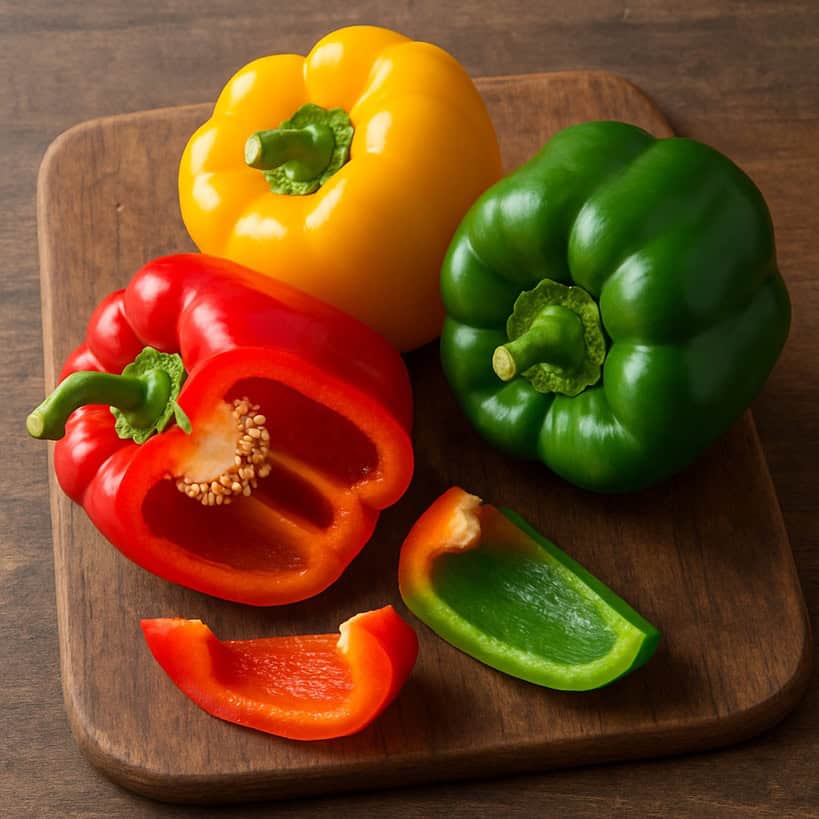 Peperoni di tre colori su tagliere rustico in legno, con spicchi tagliati