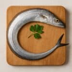 Pesce spatola intero con pelle argentea e occhi grandi, disposto a spirale su un tagliere di legno con foglia di prezzemolo