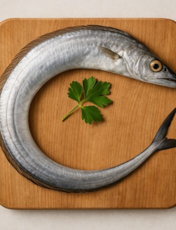 Pesce spatola intero con pelle argentea e occhi grandi, disposto a spirale su un tagliere di legno con foglia di prezzemolo