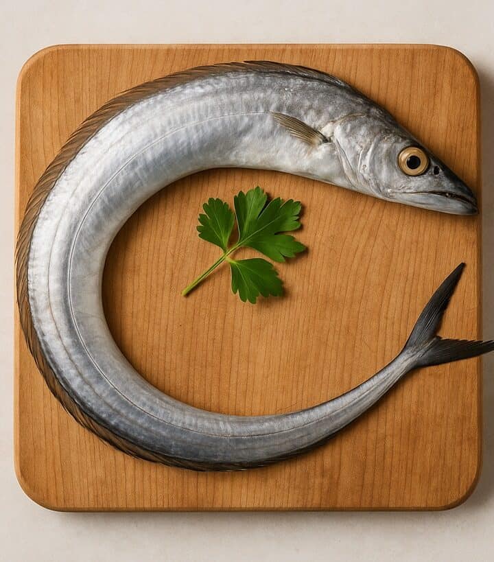 Pesce spatola intero con pelle argentea e occhi grandi, disposto a spirale su un tagliere di legno con foglia di prezzemolo