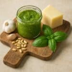 Barattolo di pesto accanto a basilico fresco, pinoli, aglio e Parmigiano su tagliere in legno