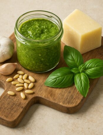 Barattolo di pesto accanto a basilico fresco, pinoli, aglio e Parmigiano su tagliere in legno