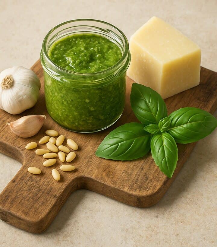 Barattolo di pesto accanto a basilico fresco, pinoli, aglio e Parmigiano su tagliere in legno