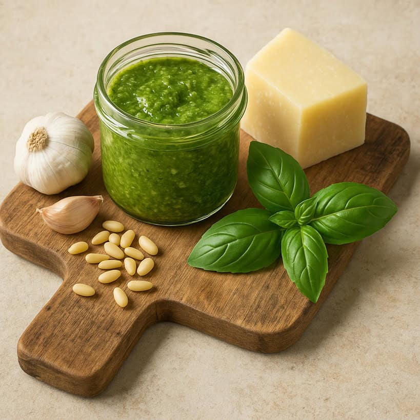 Barattolo di pesto accanto a basilico fresco, pinoli, aglio e Parmigiano su tagliere in legno