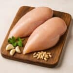 Due petti di pollo crudi senza pelle su tagliere in legno con aglio, pinoli e prezzemolo