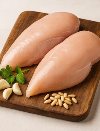 Due petti di pollo crudi senza pelle su tagliere in legno con aglio, pinoli e prezzemolo