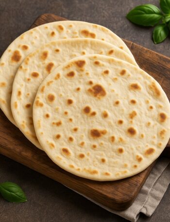 Piadina romagnola cotta e dorata su tagliere in legno con foglie di basilico