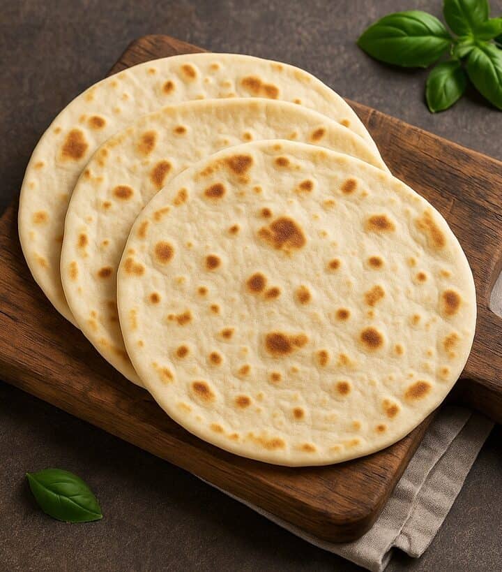 Piadina romagnola cotta e dorata su tagliere in legno con foglie di basilico