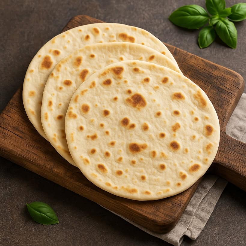 Piadina romagnola cotta e dorata su tagliere in legno con foglie di basilico