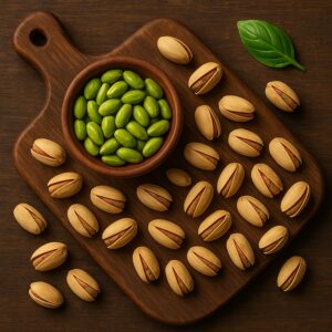 Pistacchi sgusciati e interi su tagliere in legno con foglia di basilico