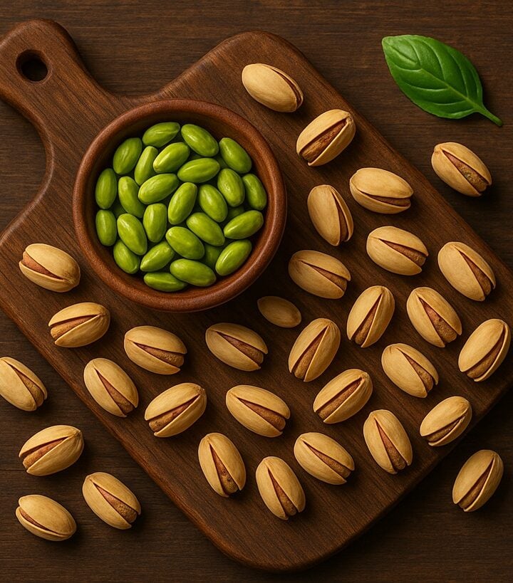 Pistacchi sgusciati e interi su tagliere in legno con foglia di basilico