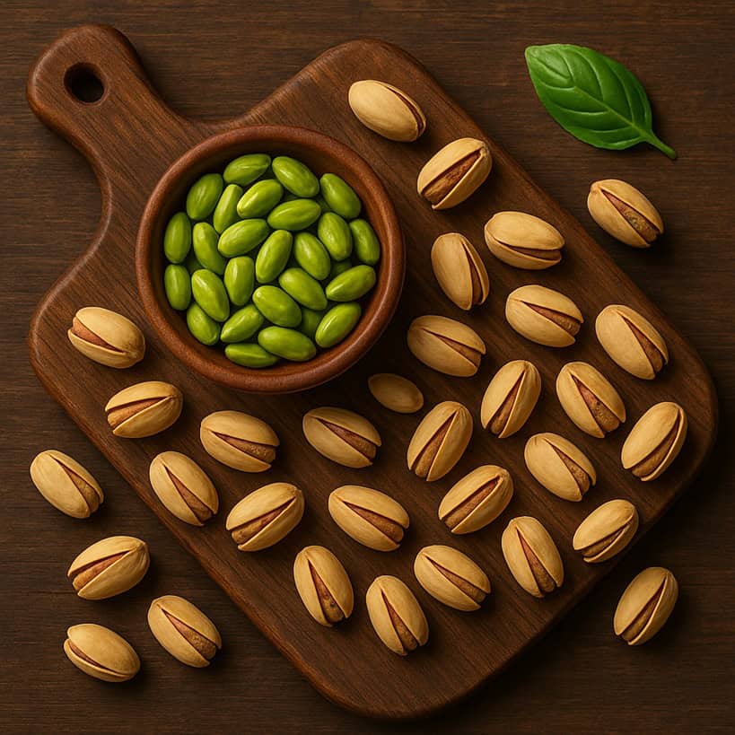 Pistacchi sgusciati e interi su tagliere in legno con foglia di basilico