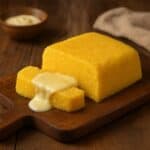 Porzione di polenta calda su tagliere rustico con formaggio