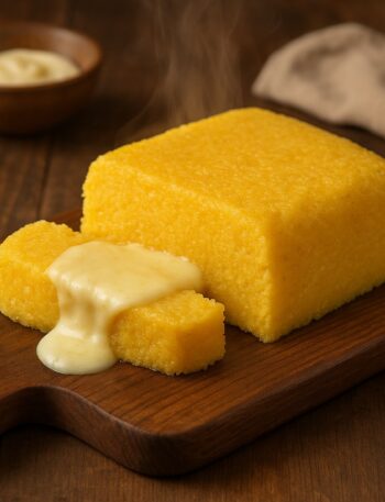 Porzione di polenta calda su tagliere rustico con formaggio