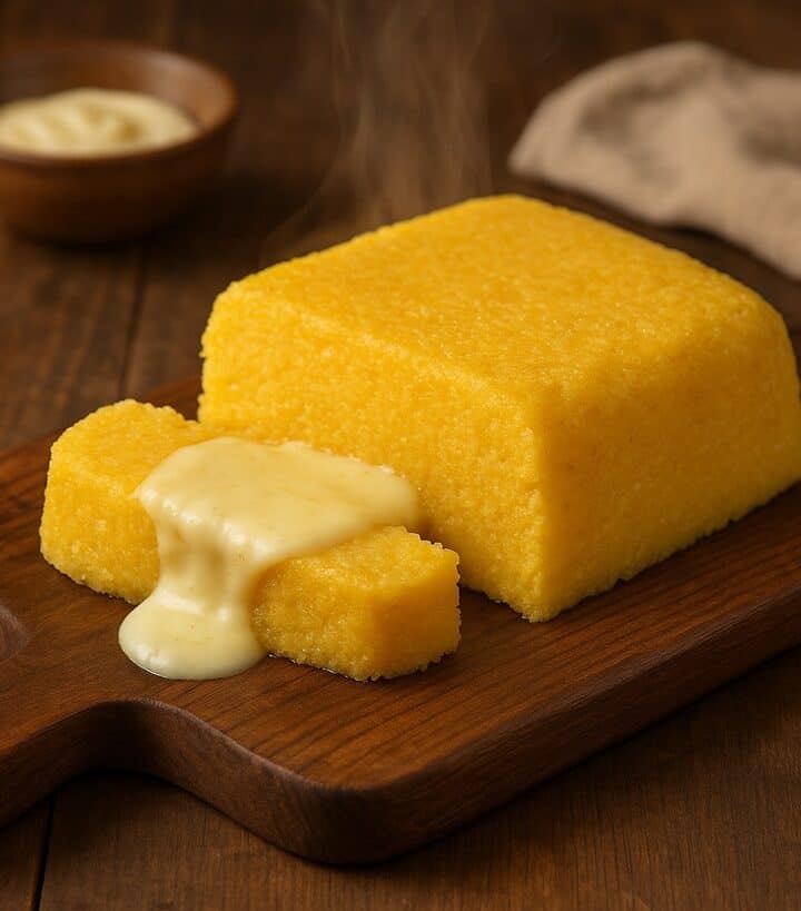 Porzione di polenta calda su tagliere rustico con formaggio
