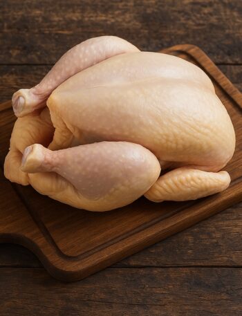 Pollo intero crudo con pelle giallo chiaro su tagliere in legno scuro