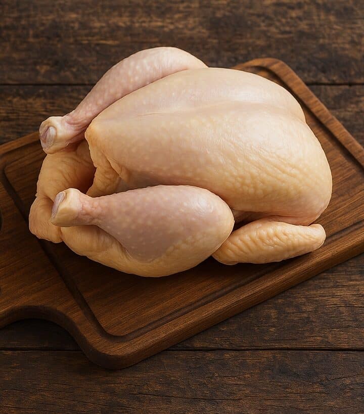 Pollo intero crudo con pelle giallo chiaro su tagliere in legno scuro