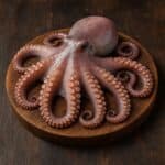 Polpo crudo intero con tentacoli arricciati su tagliere rotondo in legno