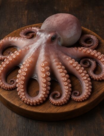 Polpo crudo intero con tentacoli arricciati su tagliere rotondo in legno
