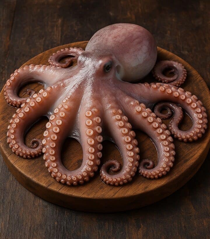 Polpo crudo intero con tentacoli arricciati su tagliere rotondo in legno