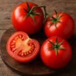 Quattro pomodori rossi, tre interi e uno tagliato, su tagliere di legno