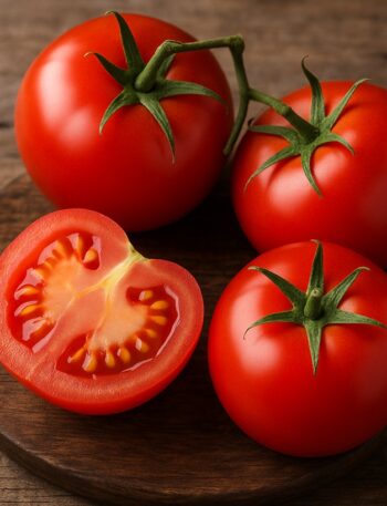 Quattro pomodori rossi, tre interi e uno tagliato, su tagliere di legno
