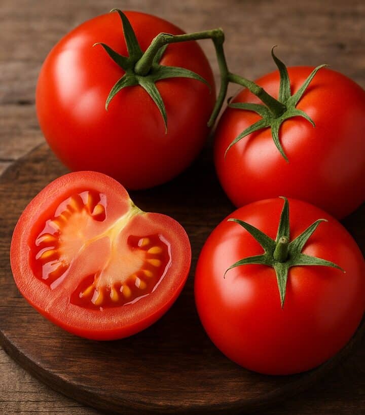 Quattro pomodori rossi, tre interi e uno tagliato, su tagliere di legno