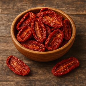 Pomodori secchi rossi in una ciotola di legno su sfondo rustico
