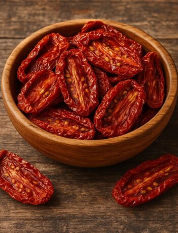 Pomodori secchi rossi in una ciotola di legno su sfondo rustico