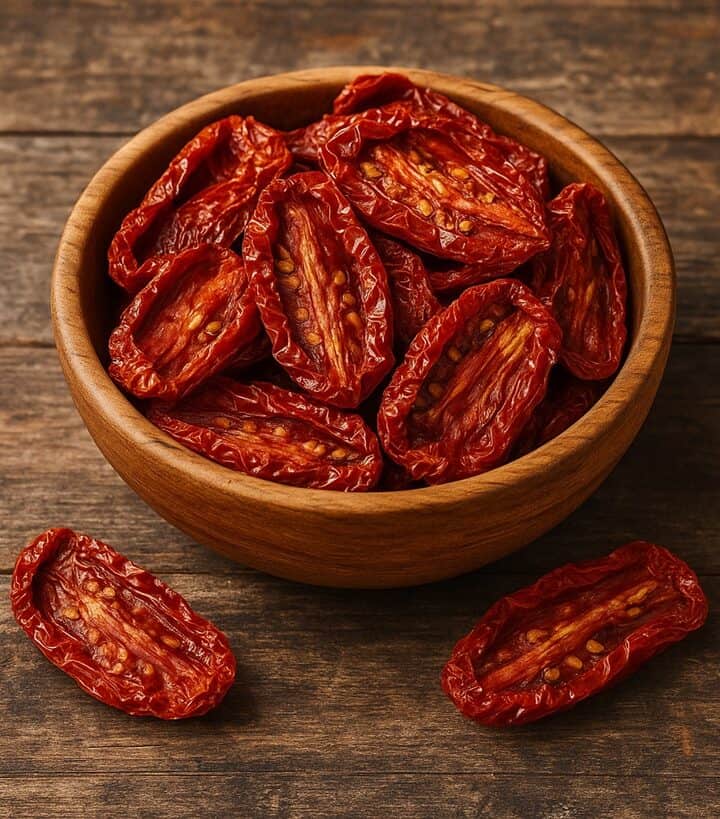 Pomodori secchi rossi in una ciotola di legno su sfondo rustico