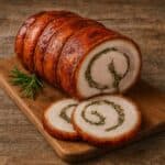 Porchetta arrostita affettata con ripieno di erbe su tagliere di legno