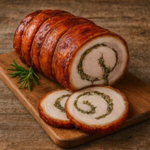 Porchetta arrostita affettata con ripieno di erbe su tagliere di legno